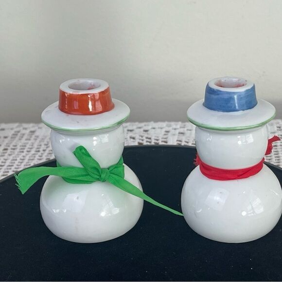 Set of 2 || Vintage ceramic candle stick holders || Snowmen candle holders - Picture 3 of 9